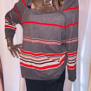 Grey red and white striped top
